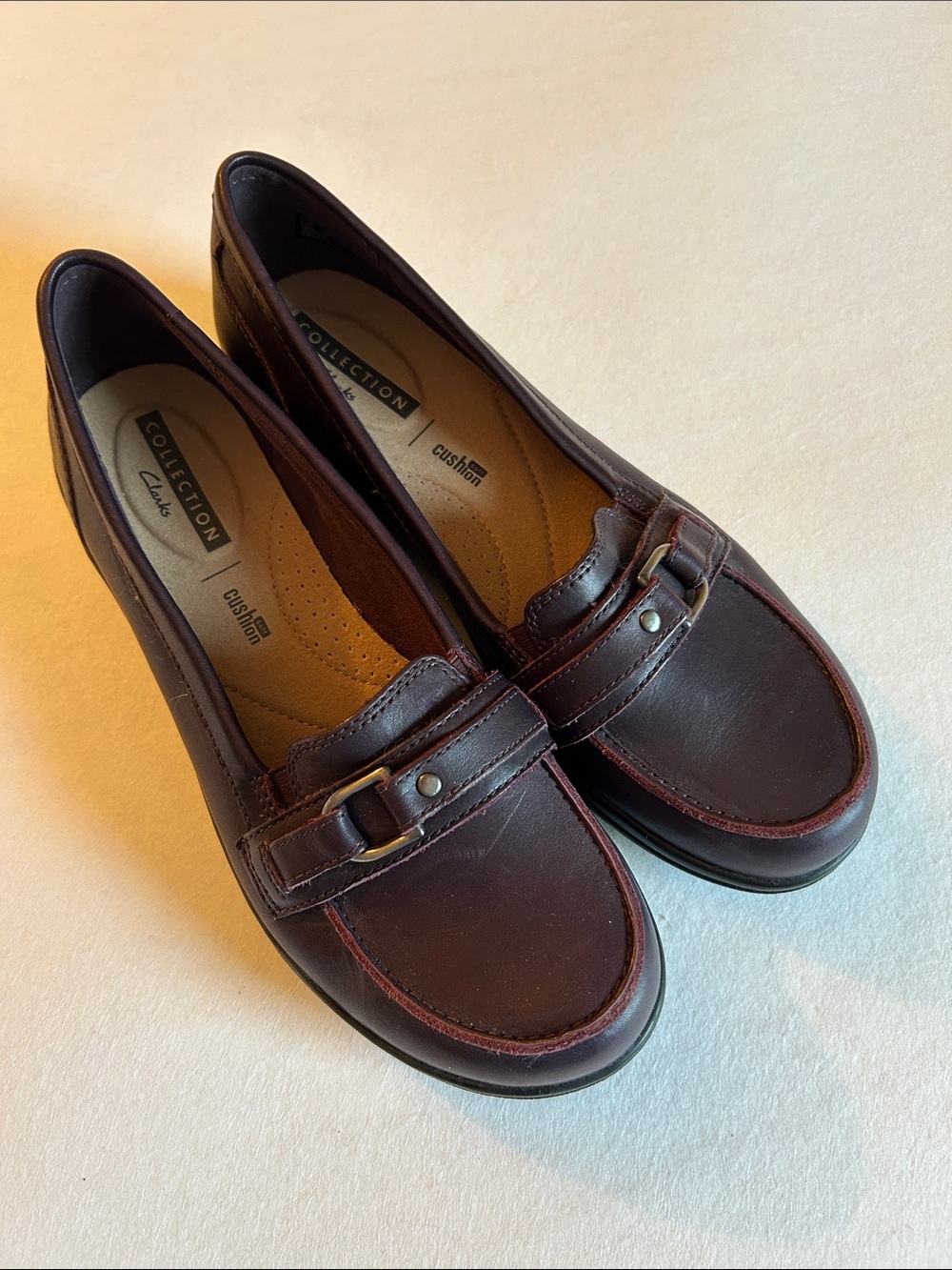 Clarks Women’s Brown Leather Slip-On Loafers with Buckle Accent